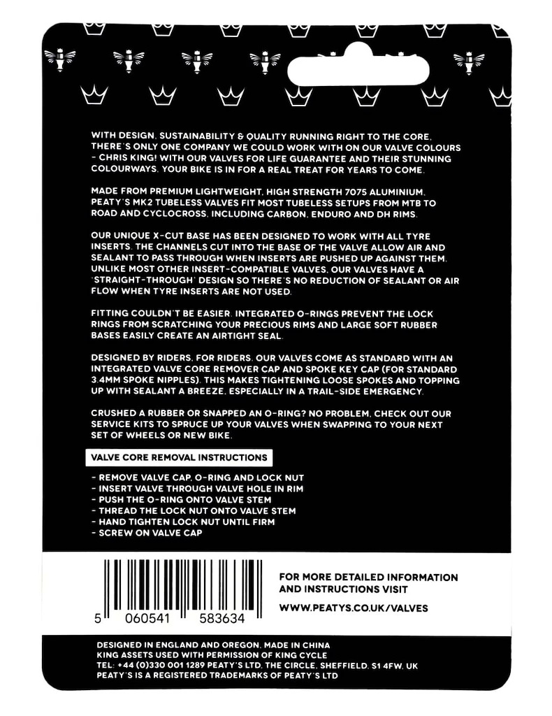 Tubeless-Ventil PEATY'S  X chris king (mk2) black tubeless valves - 80mm (ptv2-80-blk-12)