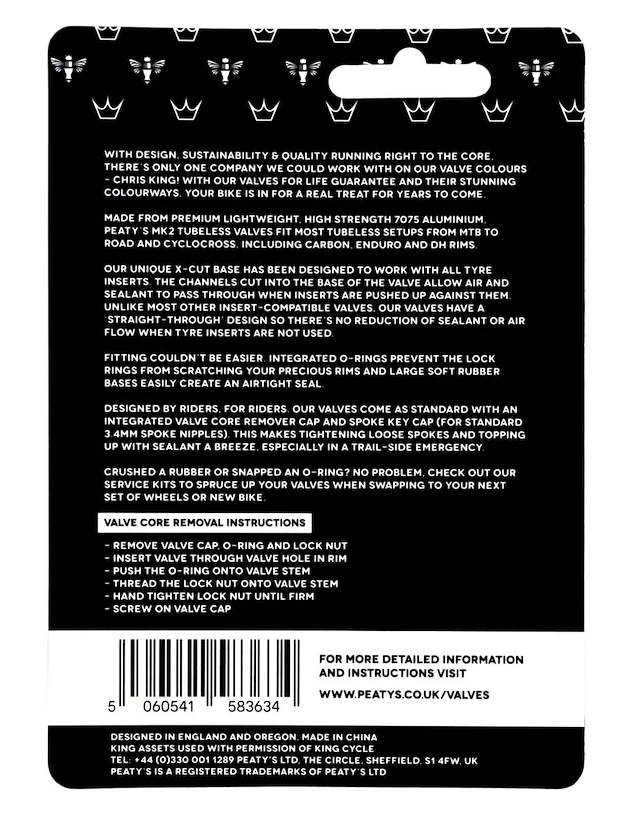 Tubeless-Ventil PEATY'S  X chris king (mk2) black tubeless valves - 80mm (ptv2-80-blk-12)